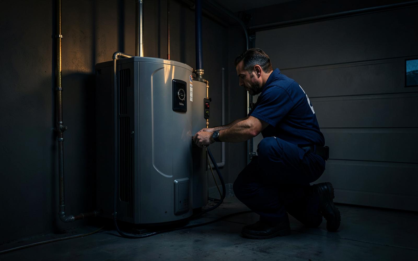 Climate Core Plumbing technician servicing a water heater